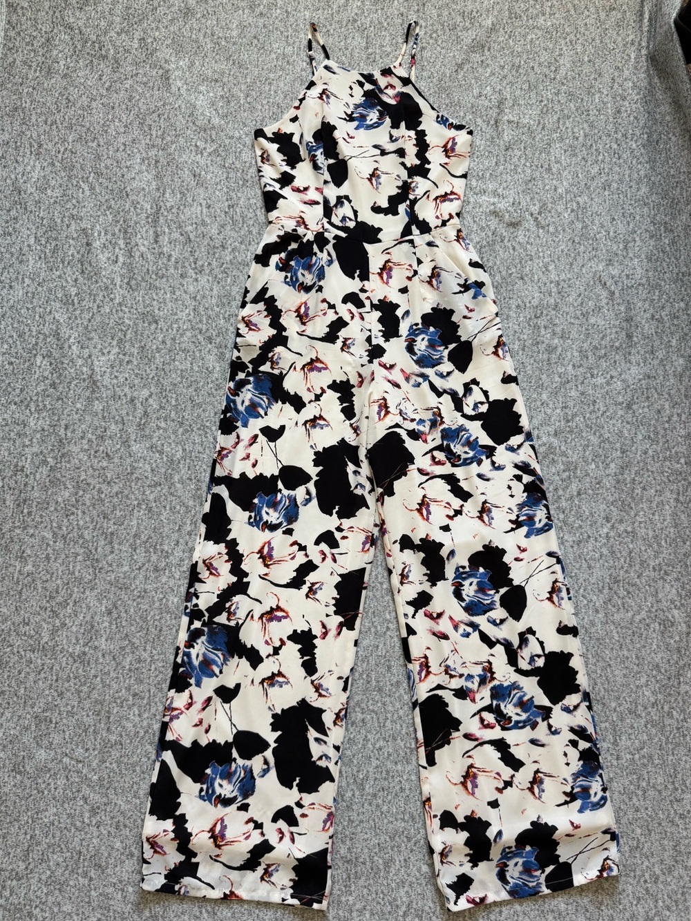 Eight Sixty White Floral Abstract Wide-Leg Jumpsuit with Blue & Black Print